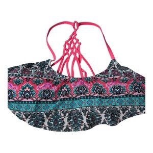 Boho Paisley Print Swim Bikini Top Braided Strappy Back Pink Details Cute